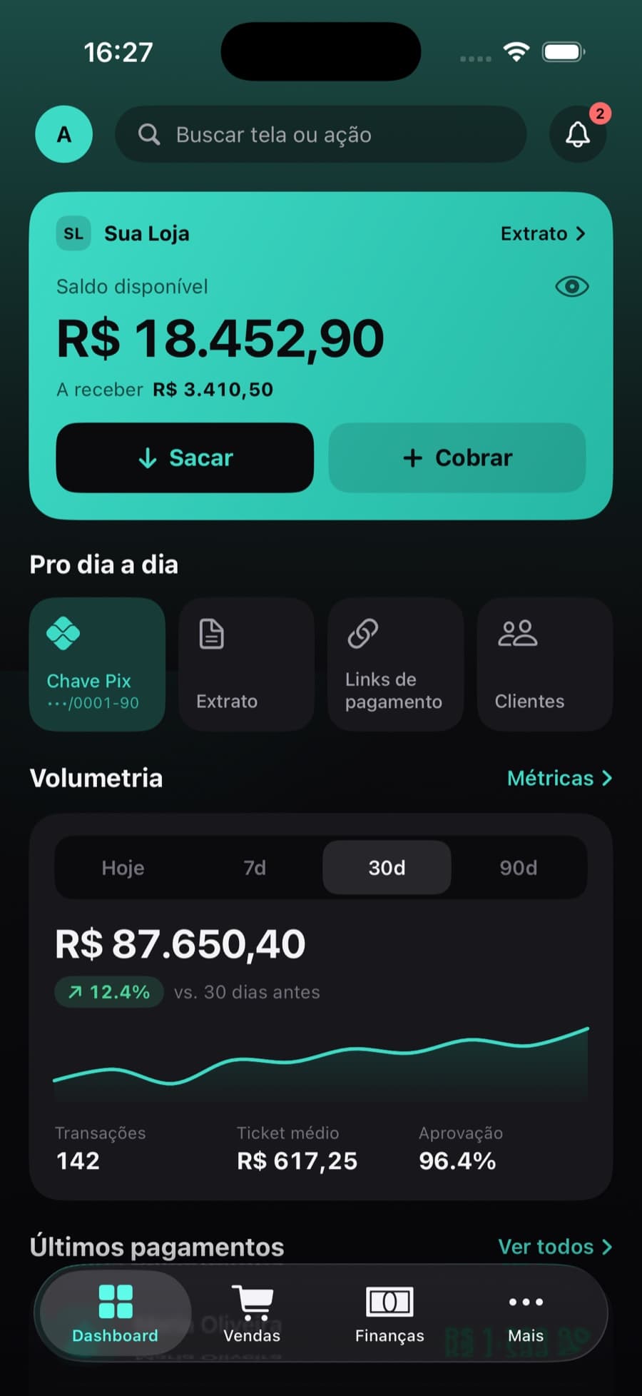 Tela inicial do aplicativo YuvexPay, com o saldo da empresa e as últimas vendas