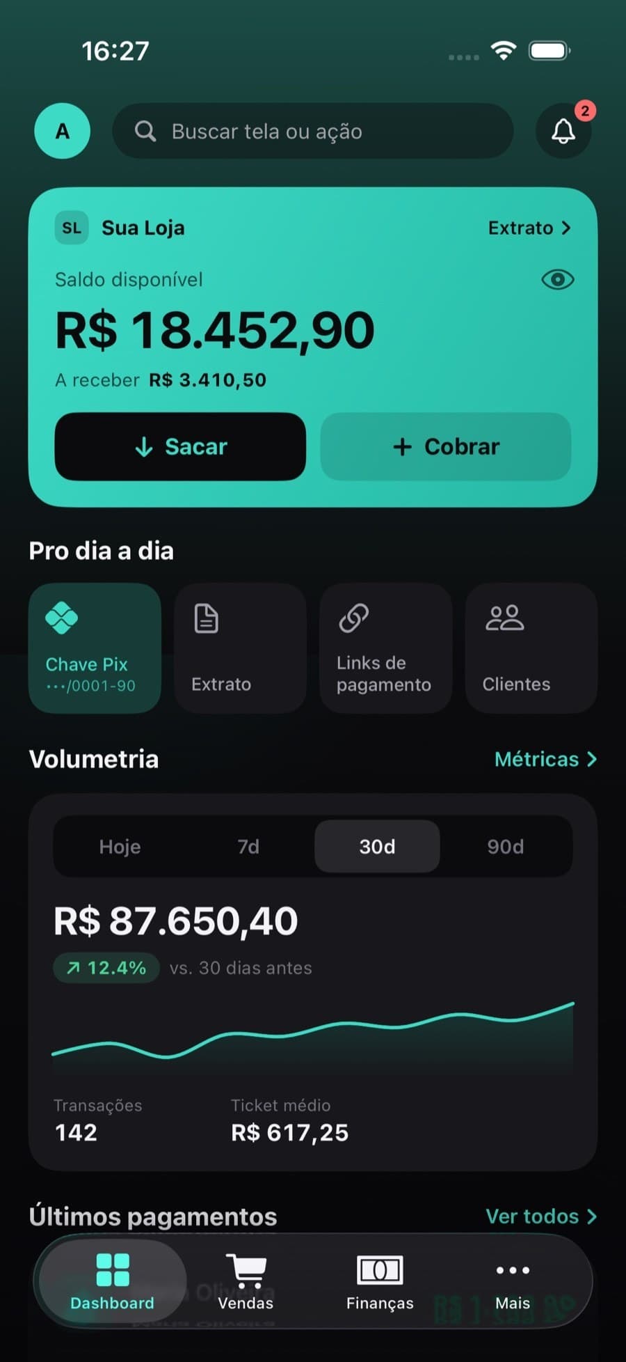 YuvexPay app home screen, showing the company balance and latest sales